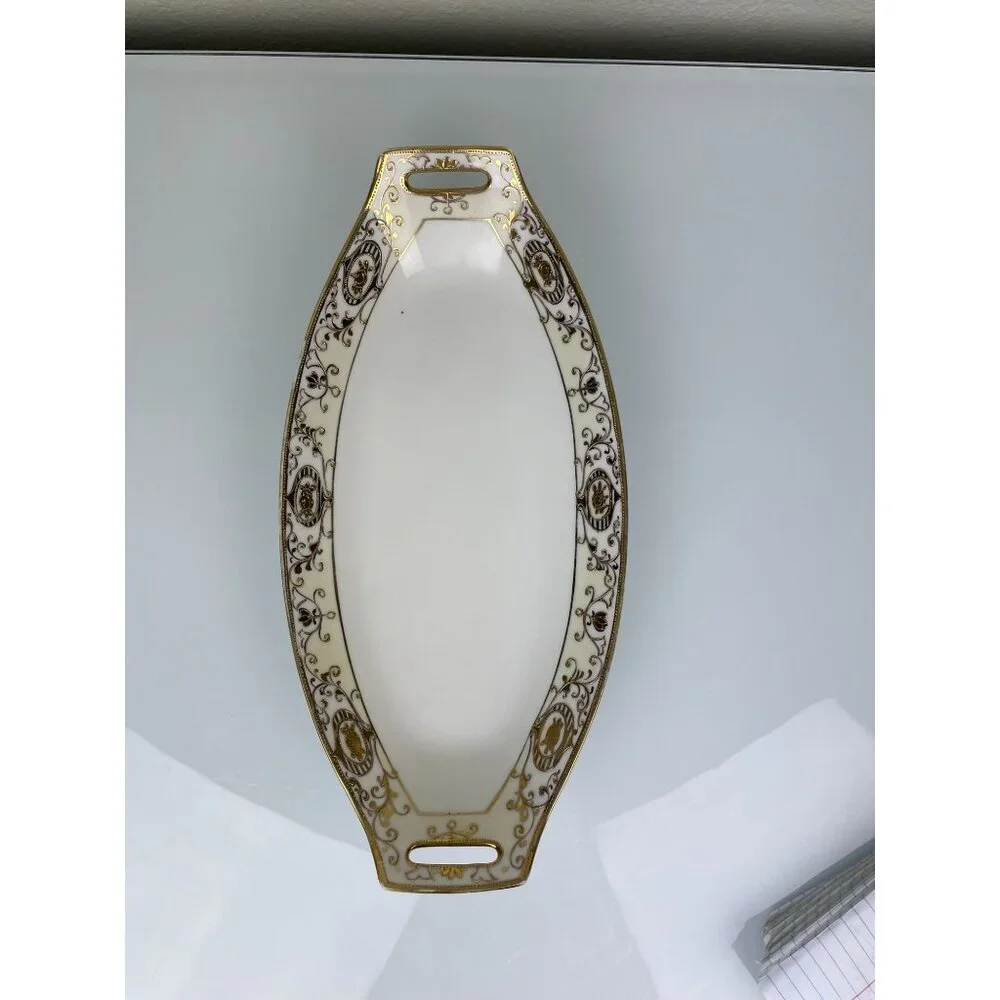 Vintage Hand Painted Nippon Rectangular Serving Platter Gold White Japan